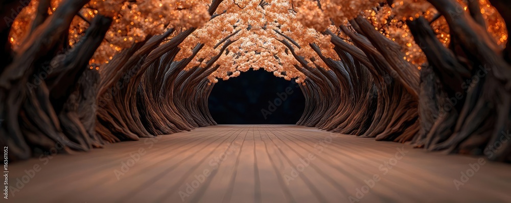 Poster mystical trees concept. a serene pathway lined with autumn trees creating a magical and tranquil atm