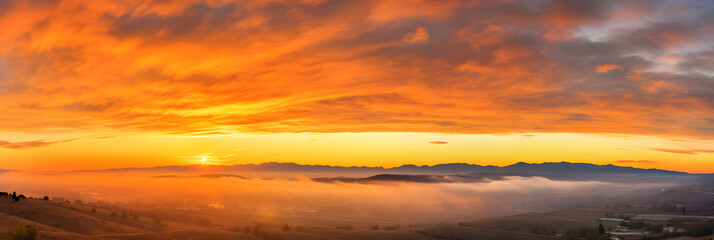Fototapeta premium Spectacular Display of A Yellow Sunrise Adorning The Horizon With A Golden Hue. A Beautiful Dawn Witnessed Amidst Serene Landscapes.