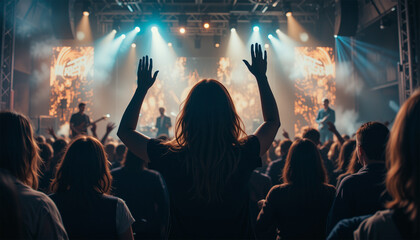 Obraz premium Vibrant Night Music Festival Concert with Audience and Stage Lights.