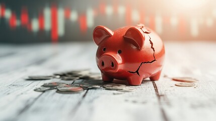 Economic instability, shattered savings represented by a broken piggy bank alongside a declining stock market chart