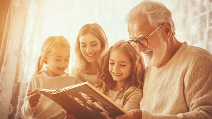 Grandmother sharing family memories, surrounded by smiling relatives, vintage photo album, warmth of family bonds, nostalgic atmosphere