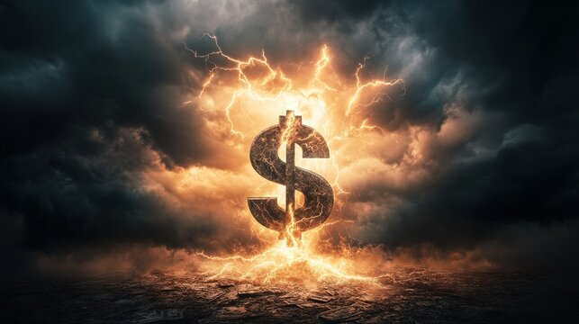 Economic turmoil, dark clouds gather with lightning striking a shattered dollar sign, symbolizing financial instability and crisis. - Powered by Adobe