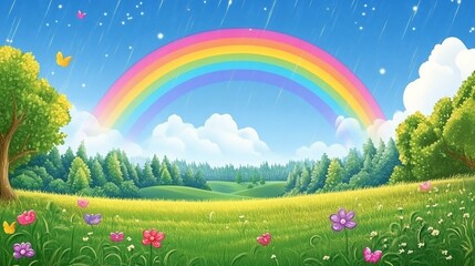 Colorful rainbow over a lush green meadow with trees, flowers, and butterflies on a sunny day. Rain falling.