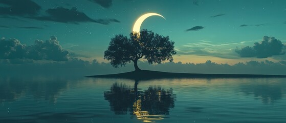 Solitary tree silhouetted against a crescent moon and tranquil water.