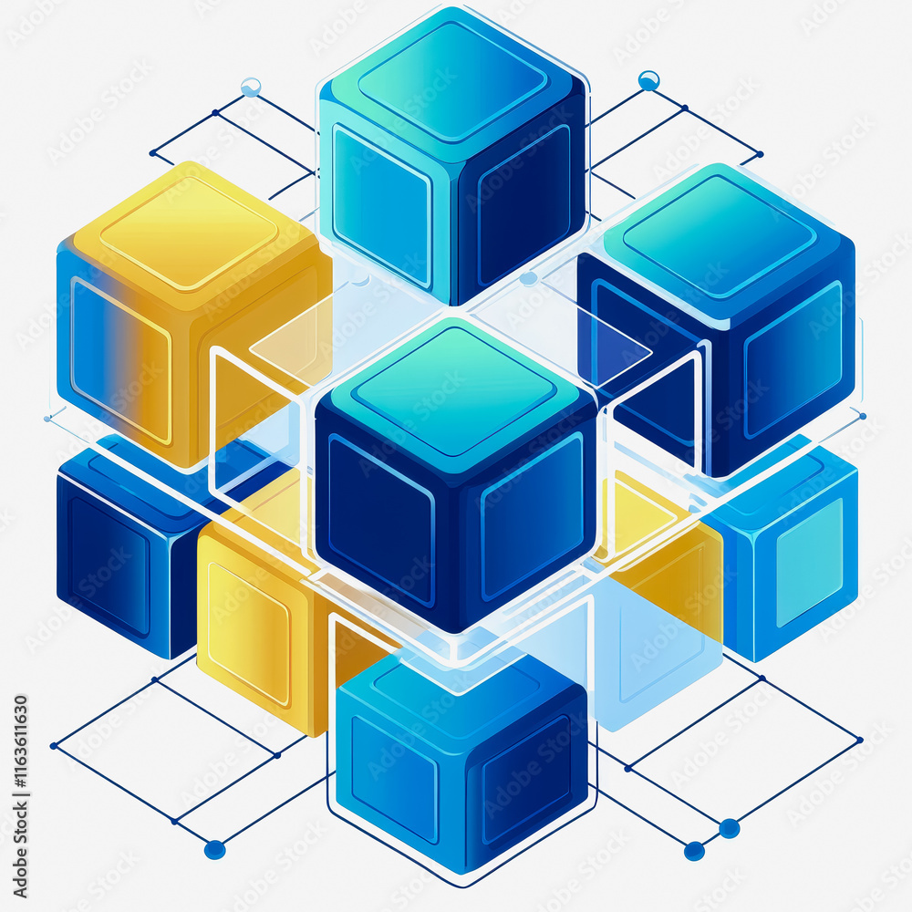 Poster flat icon blockchain cube design featuring blue and yellow cubes on a clean white background for tec