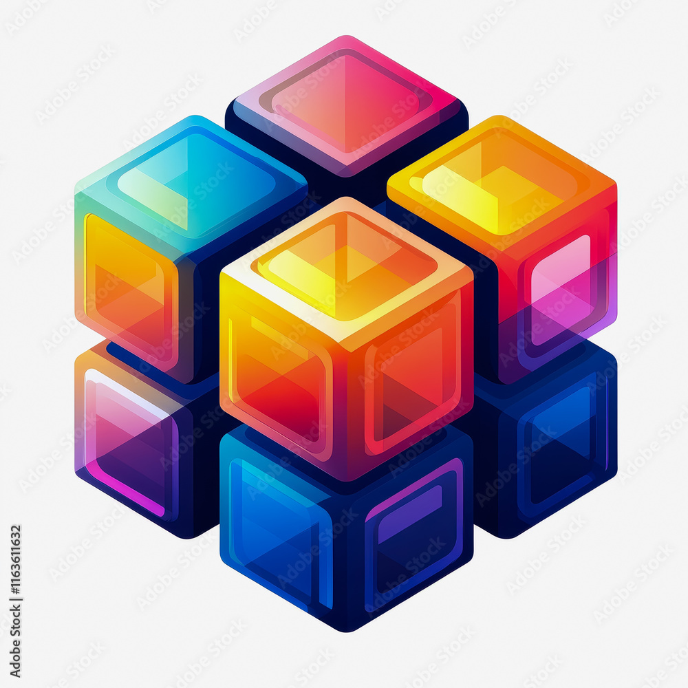 Poster colorful blockchain cube icon on white background for digital innovation and cryptocurrency concepts