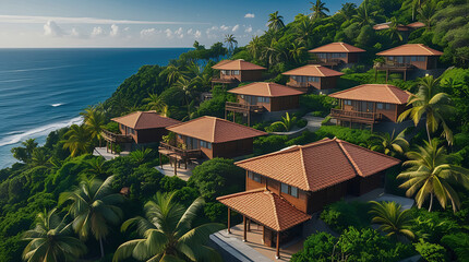 From a high-angle view on a sunny day, vibrant tropical paradise island unfolds with its traditional wooden