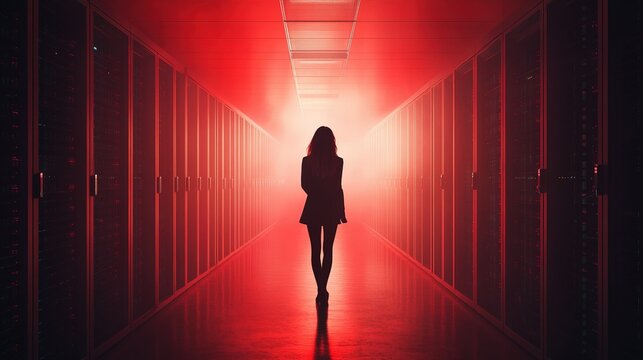 Female data analyst fine-tuning configurations in a modern data center, surrounded by illuminated server racks, showcasing advanced technology.