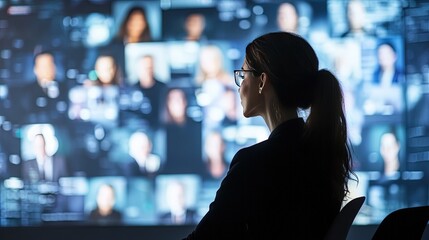 Female executive facilitating a hybrid meeting with diverse team members in a modern conference room, promoting collaboration in a digital age