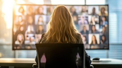 Female executive guiding hybrid meeting, diverse team members engaged in collaboration, modern workspace blending in-person and virtual interactions