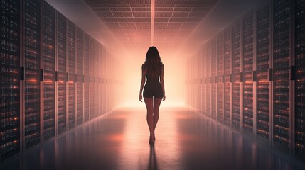 Female IT technician in a high-tech environment, immersed in LED server racks, focused on cybersecurity and data integrity, sleek aesthetics.