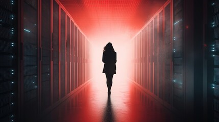 Female IT technician in a sleek server room, illuminated by LED racks, focused on cybersecurity and data integrity, modern and dynamic environment