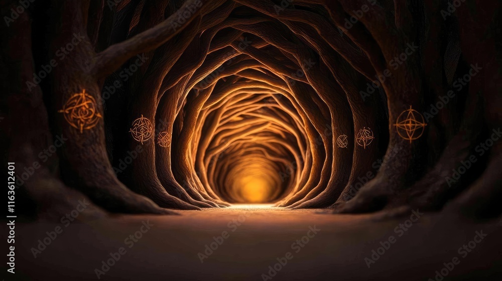 Poster mystical trees concept. a mystical tunnel created by intertwining trees glowing with warm golden lig