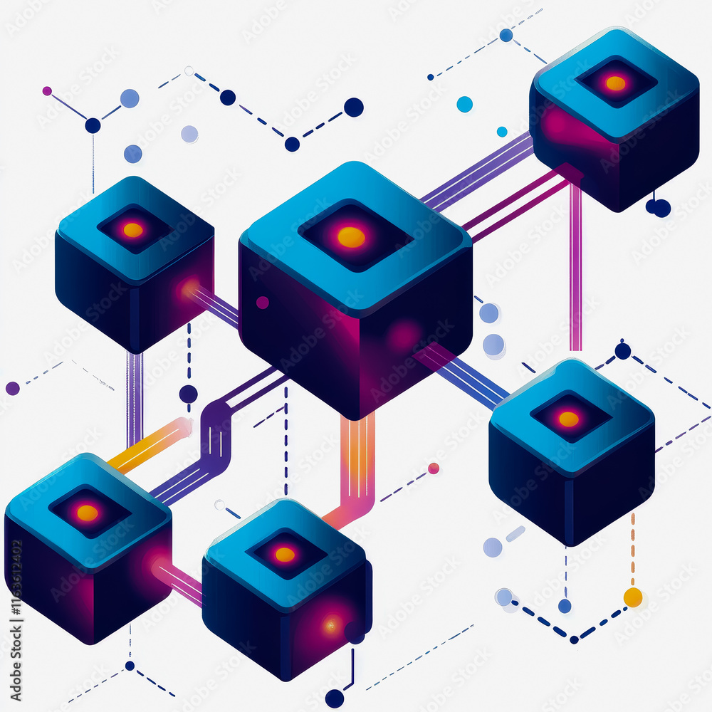 Poster abstract shapes on white background representing permissioned blockchain technology and digital inno