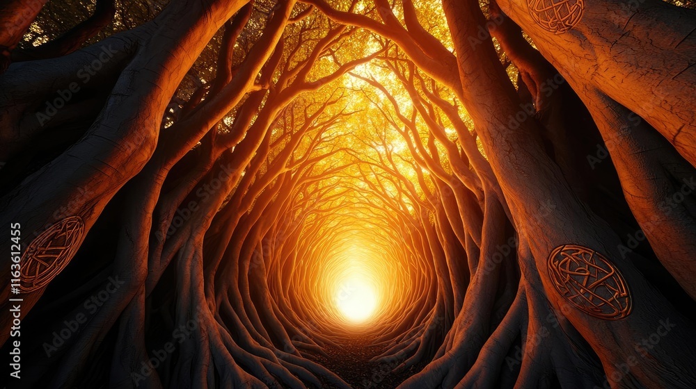 Poster mystical trees concept. a mystical forest path glowing with sunlight, surrounded by intricately twis