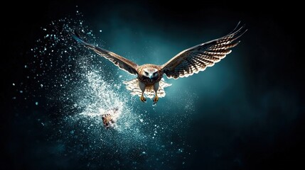Fototapeta premium Hawk in mid-dive, showcasing powerful wings and sharp talons, fierce determination in pursuit of prey, dynamic aerial perspective