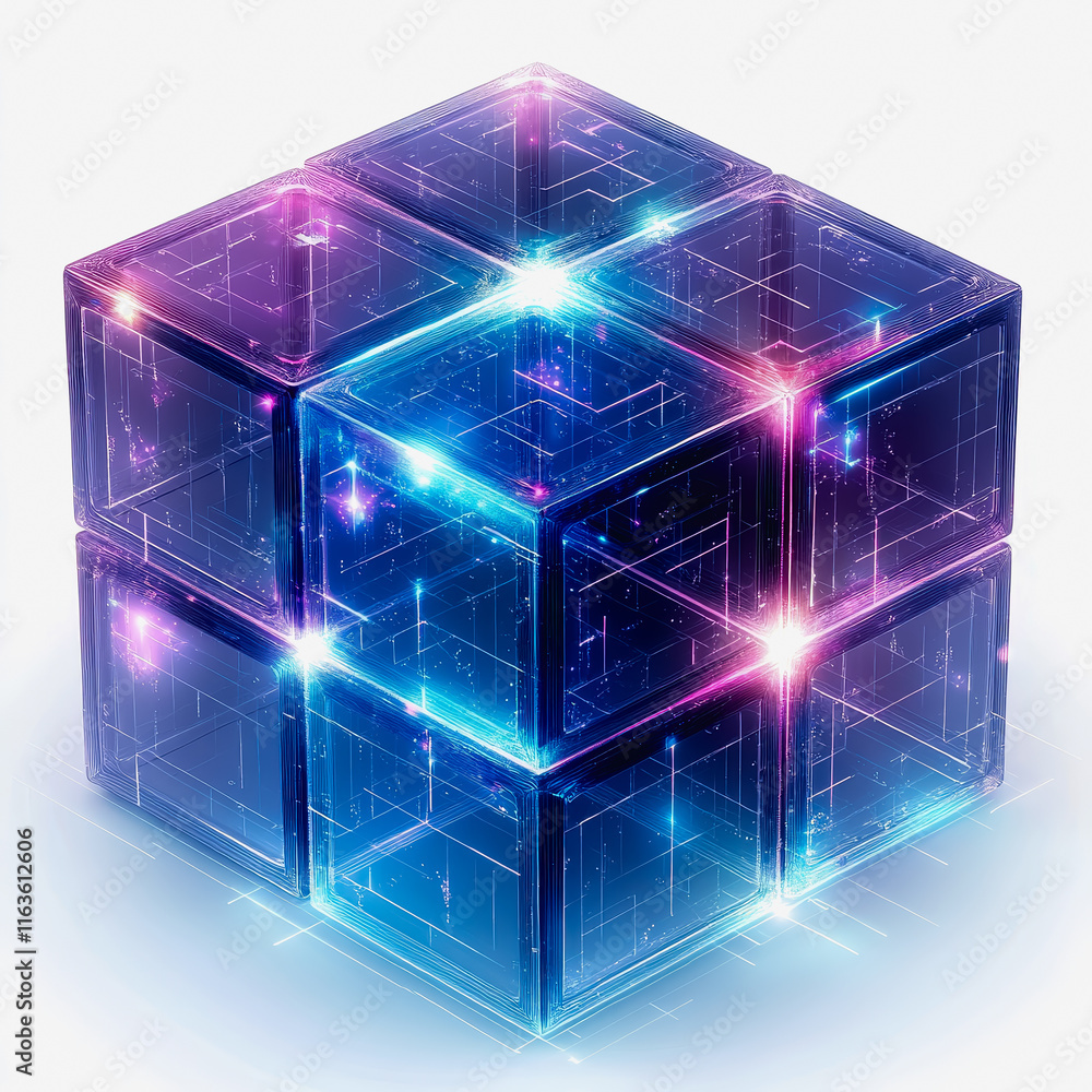 Aufkleber glowing blue blockchain cube with futuristic lights for digital technology and cryptocurrency concep