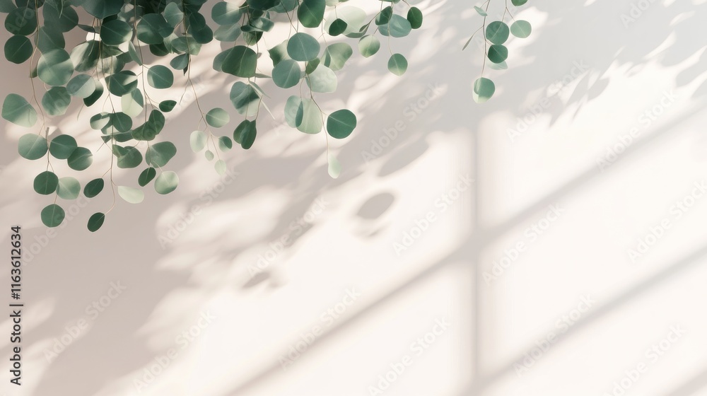 Poster eucalyptus leaves casting shadows on a light wall.