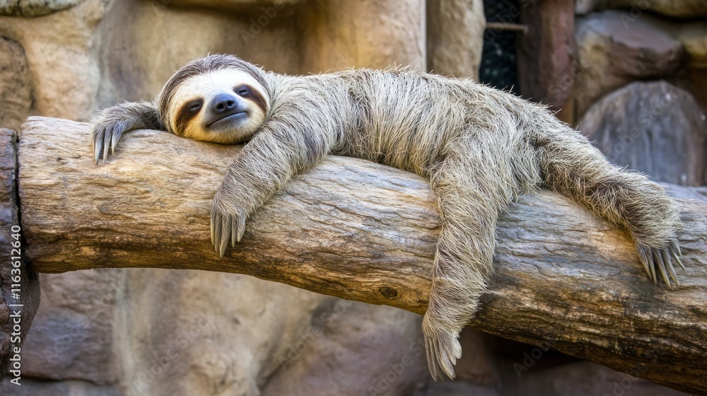 Poster Relaxed sloth resting on a tree branch.