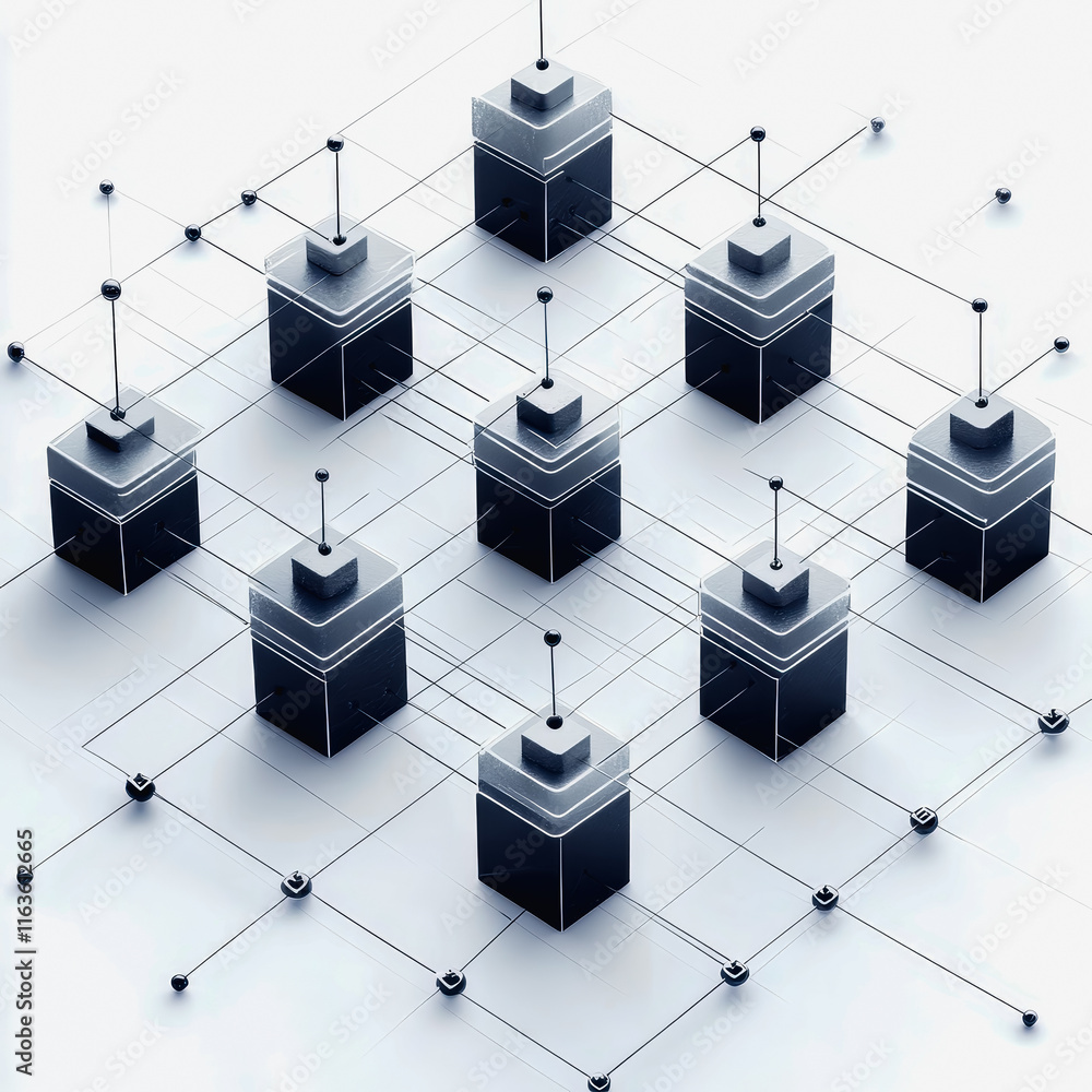 Poster blockchain grid with black and white cubes featuring a white cube in the center for modern digital c