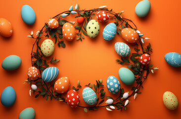 Easter Wreath with Colorful Eggs on Orange Background