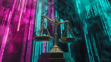 Scales of Justice Against Futuristic Digital Background
