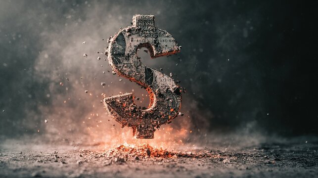 Crumbling Economy Visual, depicting a financial crisis with a deteriorating dollar sign on a downward graph, conveying urgency and concern