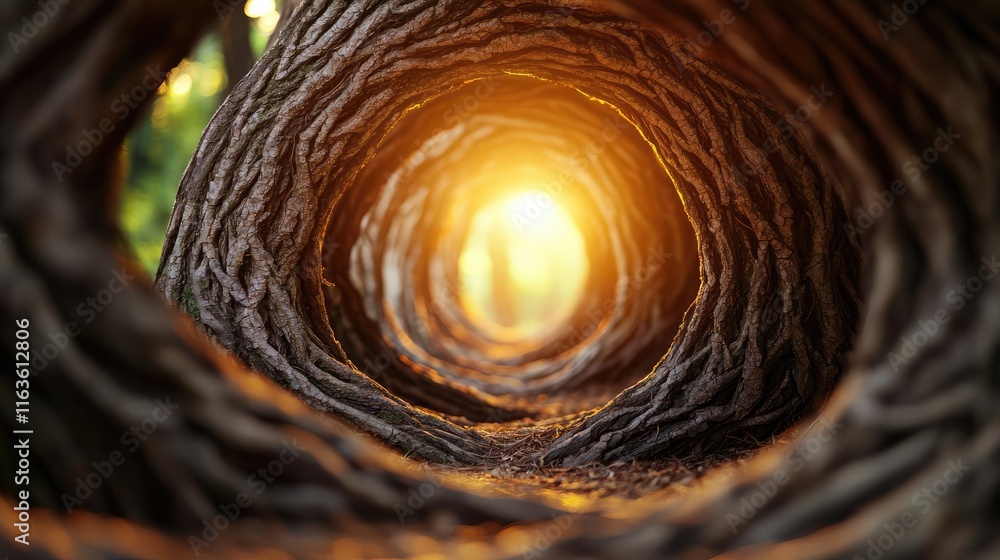 Poster mystical trees concept. close-up of a tree trunk tunnel illuminated by soft sunlight, creating a mag