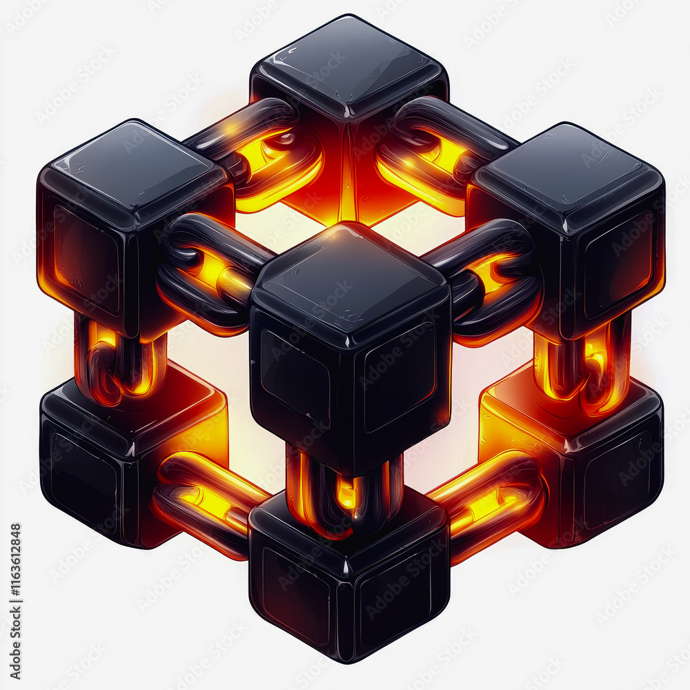 Aufkleber black cube blockchain icon symbolizing innovation technology with flames representing energy and tra