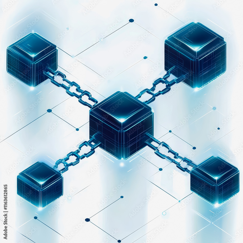 Poster blockchain integration icon with chain and block on blue background for digital technology and innov