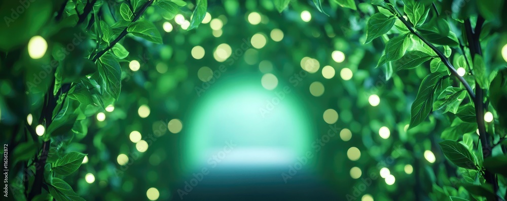 Poster mystical trees concept. a vibrant green tunnel adorned with soft glowing lights creating a magical a