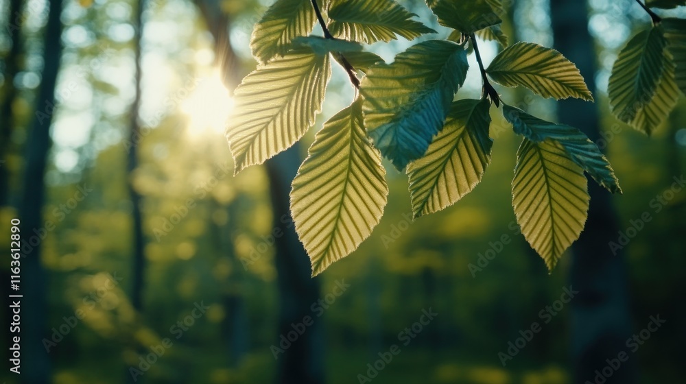 Poster sunlight filtering through vibrant green leaves in a forest.
