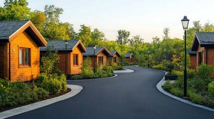 Naklejka premium A row of small wooden vacation bungalows lines a paved curving road in a lush green forest environment for resort advertising.