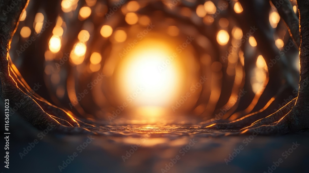 Poster mystical trees concept. a glowing tunnel illuminated by warm light, creating a sense of depth and se