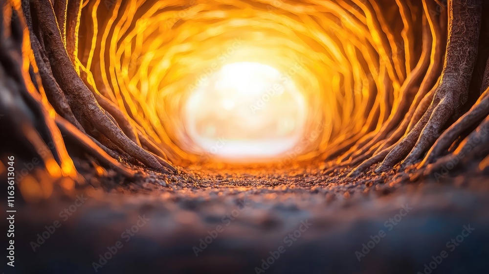 Poster mystical trees concept. a mesmerizing view of light shining through a natural tunnel of trees.