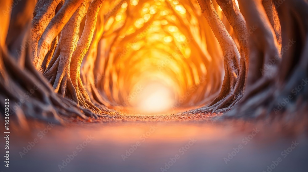 Poster mystical trees concept. a stunning view of a glowing path through a magical forest of intertwined ro