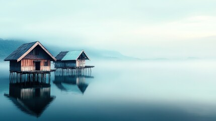 Fototapeta premium Serene stilted village, tranquil waters reflecting morning light, wooden homes rising gracefully above the surface, peaceful atmosphere