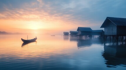 Fototapeta premium Serene Stilted Living, tranquil floating village with wooden houses, calm waters reflecting morning light, peaceful atmosphere
