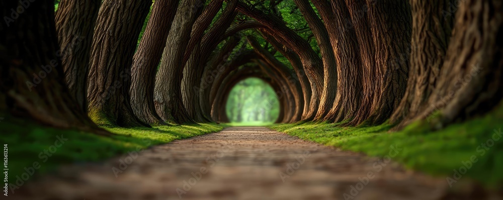 Poster mystical trees concept. serene tree-lined pathway creating a natural tunnel effect in a lush green f