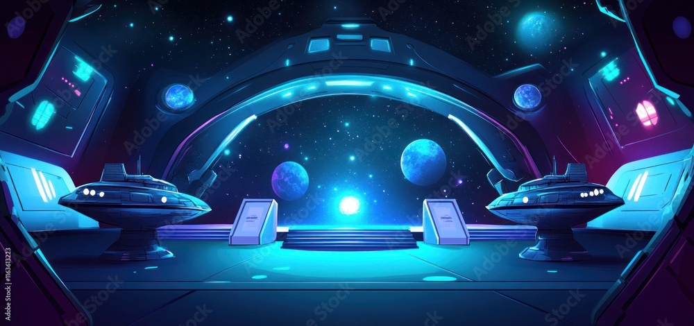Poster Futuristic spaceship bridge with vibrant neon lights, showcasing a breathtaking view of planets and stars through a large window.