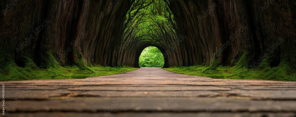 Poster mystical trees concept. a serene forest pathway lined with lush greenery and a captivating view ahea
