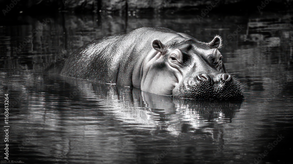 Poster monochrome photo of a hippopotamus partially submerged in calm water, its reflection visible.