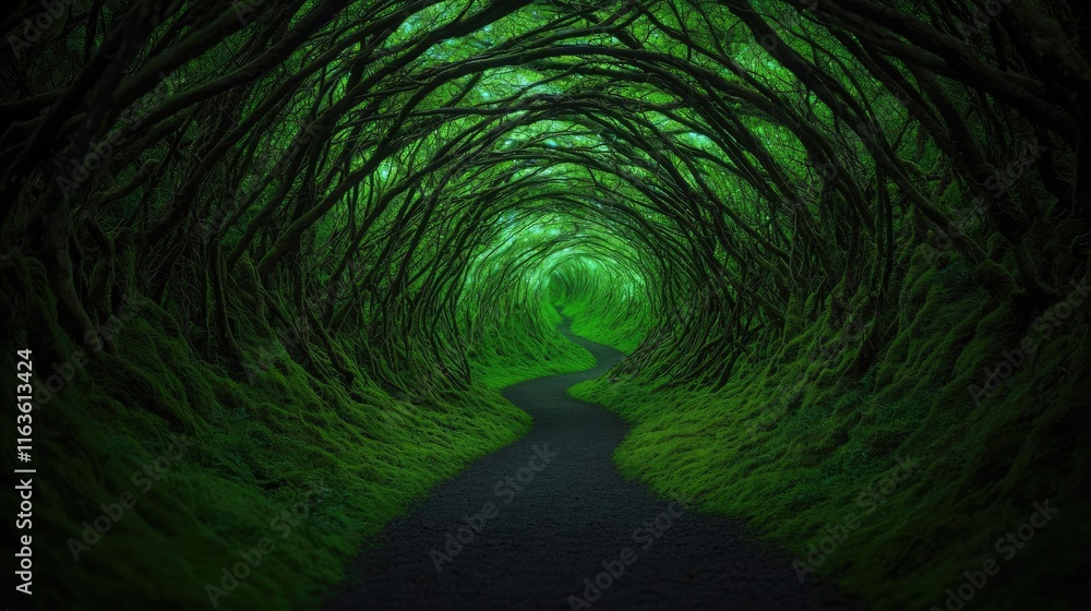 Poster mystical trees concept. a serene forest path surrounded by lush green foliage and intertwining tree 