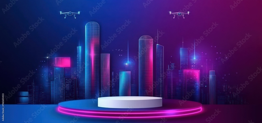 Poster futuristic city skyline with drones and a platform.