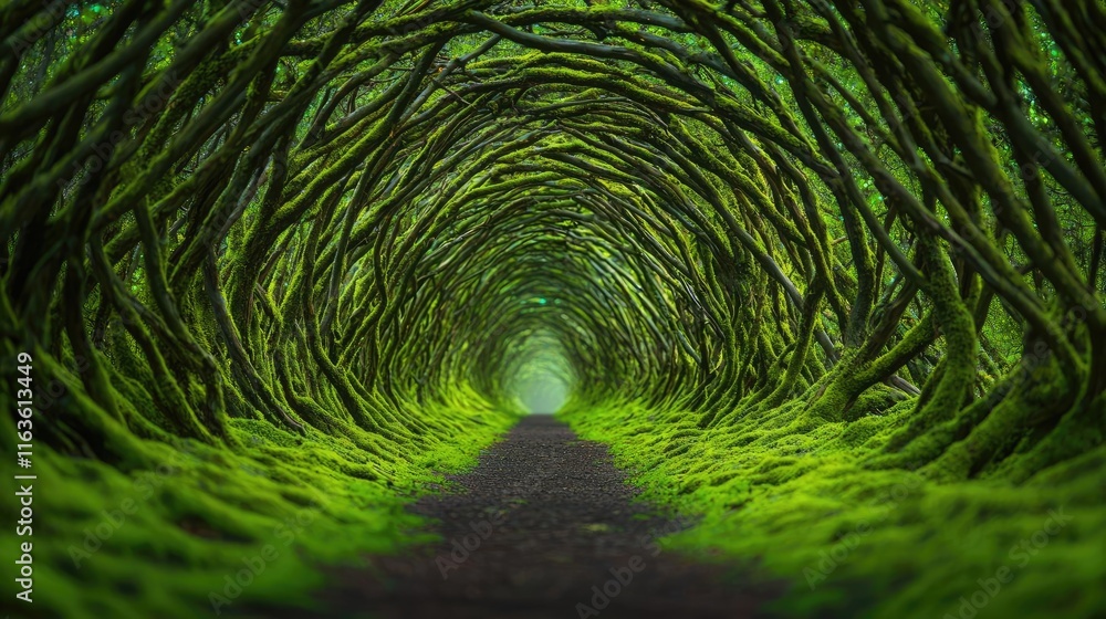 Poster mystical trees concept. a serene green pathway lined with lush trees, creating a natural tunnel effe