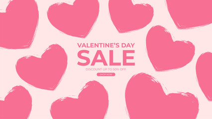 Valentine's Day Sale commercial banner for February 14 holiday discount shopping promotion. Pink colored brush stroke heart shapes. Vector illustration.