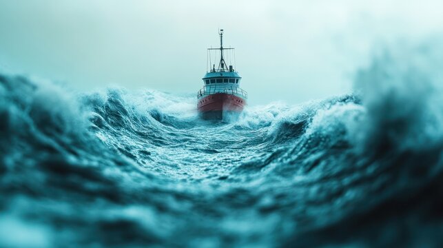 Small ship navigating rough seas, stormy weather, ocean waves.