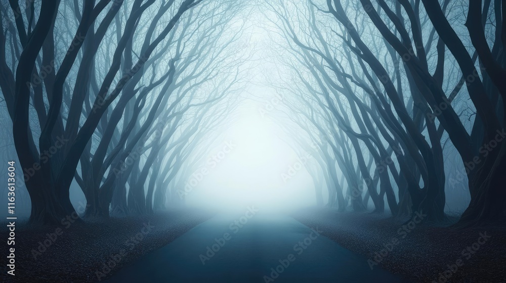 Poster mystical serene idea. mysterious foggy forest path with twisted trees and soft light creating an eer