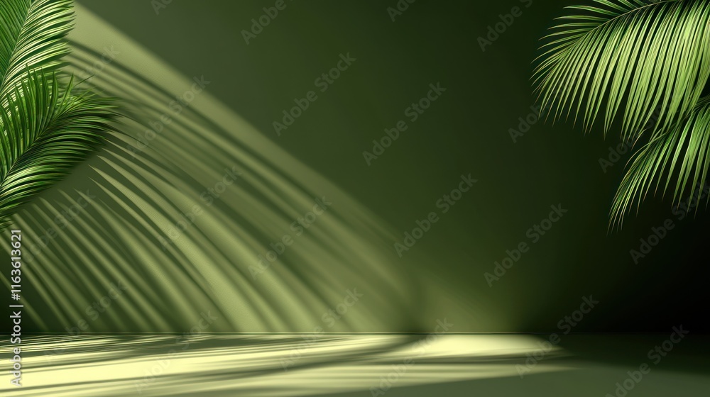 Aufkleber sunlight streams through tropical palm leaves casting shadows on a green wall, creating a minimalist