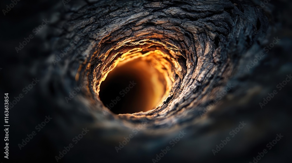 Poster mystical trees concept. a deep, illuminated tunnel revealing intriguing textures and shapes.